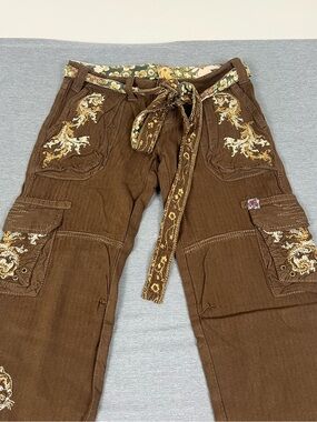 Miss Me Brown Embroidered Cargo Pants with Floral Waist Tie